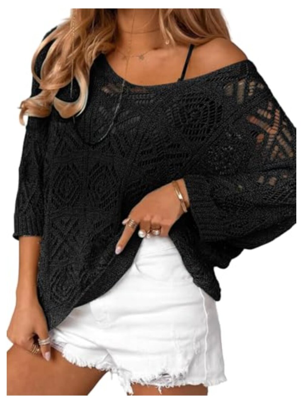 Crochet Hollow Out 3/4 Sleeve Off Shoulder Pullover Sweater T-Shirt Viscose